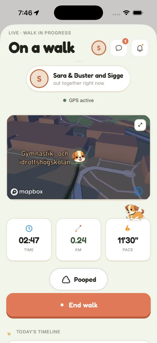 A walk in progress, tracked live on a 3D map with time, distance and pace