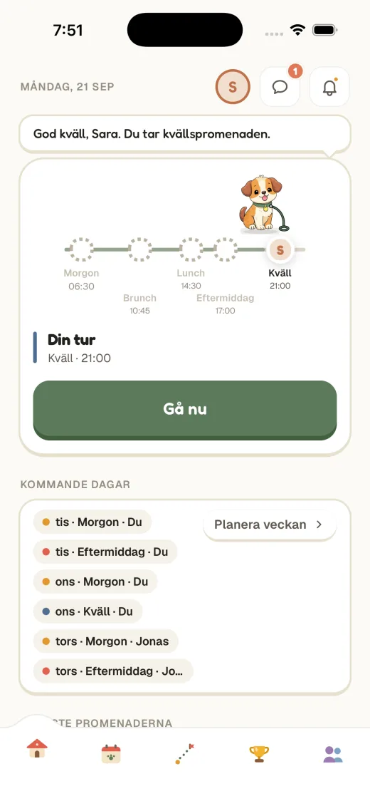 Dogweeks Gård: dagens promenadpass på en dagrad, och vems tur det är härnäst